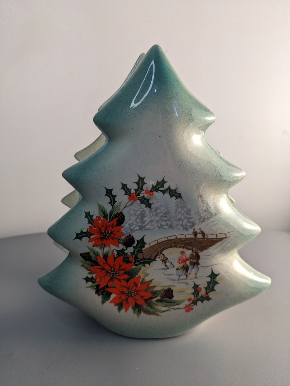 Vintage Ceramic Christmas Tree Napkin Holder Hand Painted Winter Scene Decor